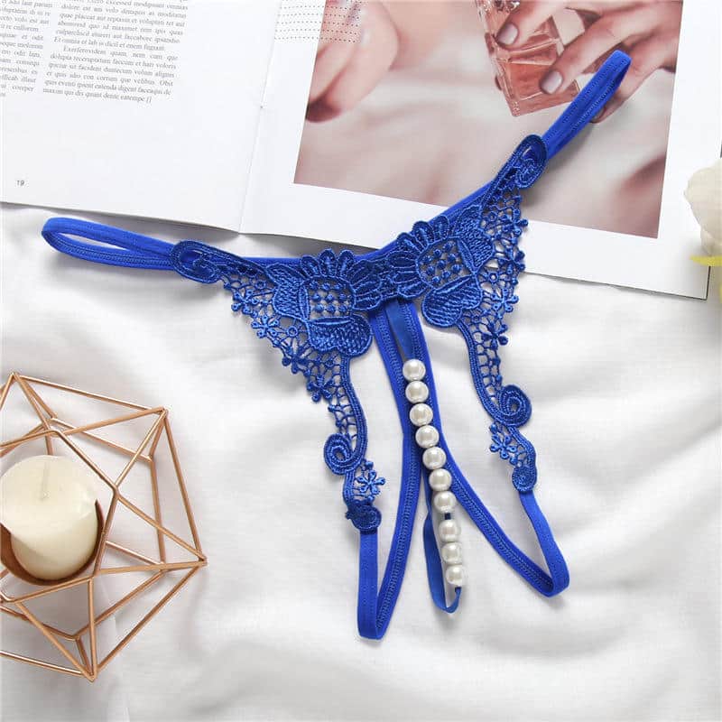 Blue Luxurious Embroidered Pearl Open Crotch Micro Thong Display-2