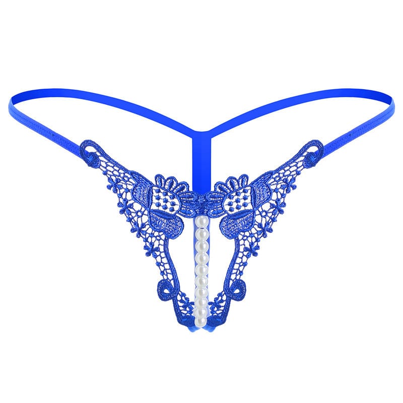 Blue Luxurious Embroidered Pearl Open Crotch Micro Thong-3