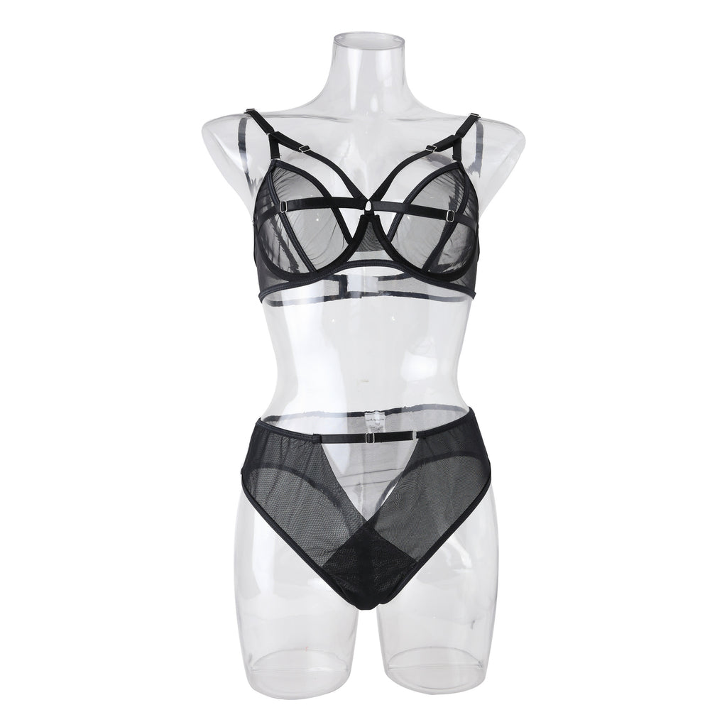 Chic Sexy Lingerie Mesh Bra Set with Cross Hollow Panty - Wholesale Lingerie Model Front View