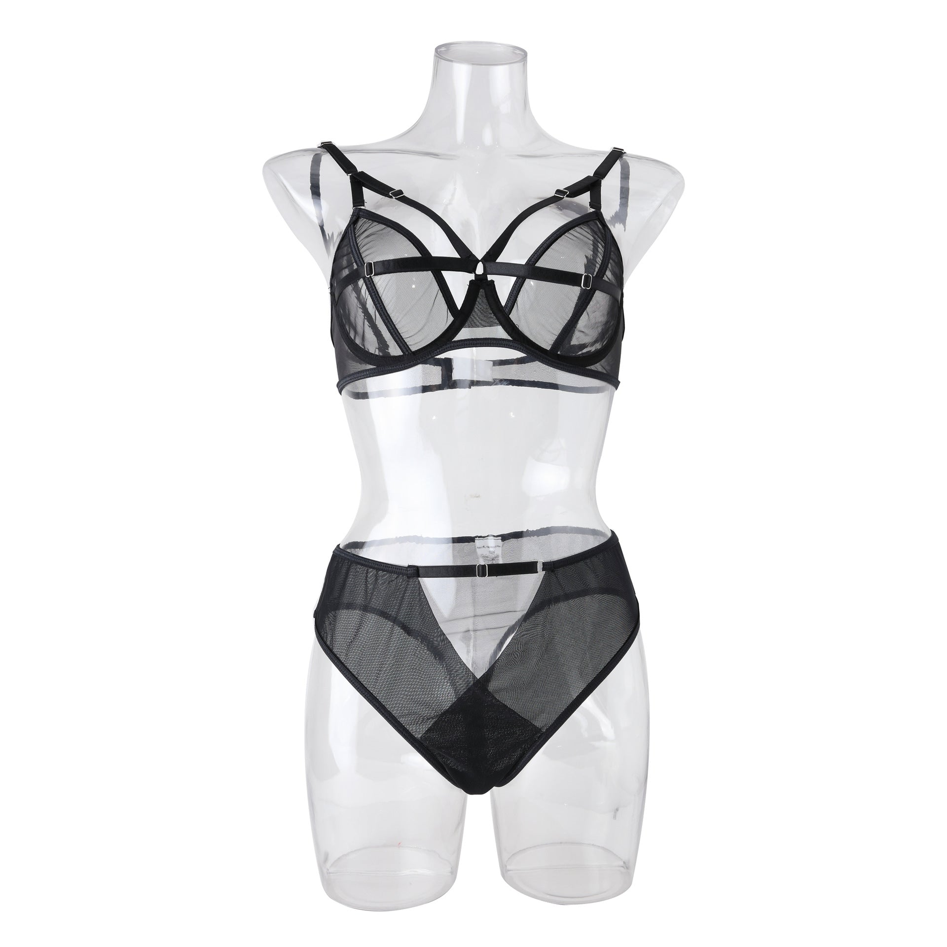 Chic Sexy Lingerie Mesh Bra Set with Cross Hollow Panty - Wholesale Lingerie Model Front View