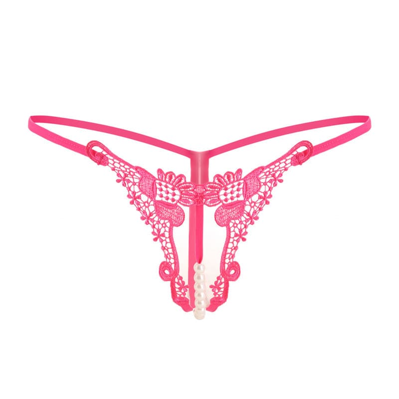 Deep Pink Luxurious Embroidered Pearl Open Crotch Micro Thong-4