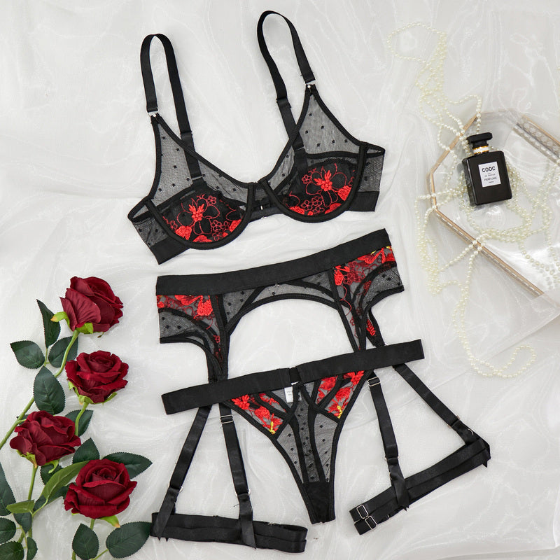 Embroidered Mesh 3-Piece Bra and Panty Set with Red Floral Over View-4