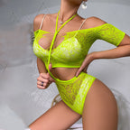 Floral Halter Neck Bodystocking Set With Short Sleeve Model Show-3