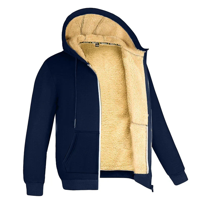 Winter Hooded Fleece Jacket Zipper Coat Unisex (Navy Blue)-0