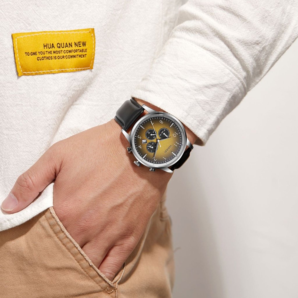 Trnda Men's Stainless Steel Watch, Black Leather Band | Trnda-001-1