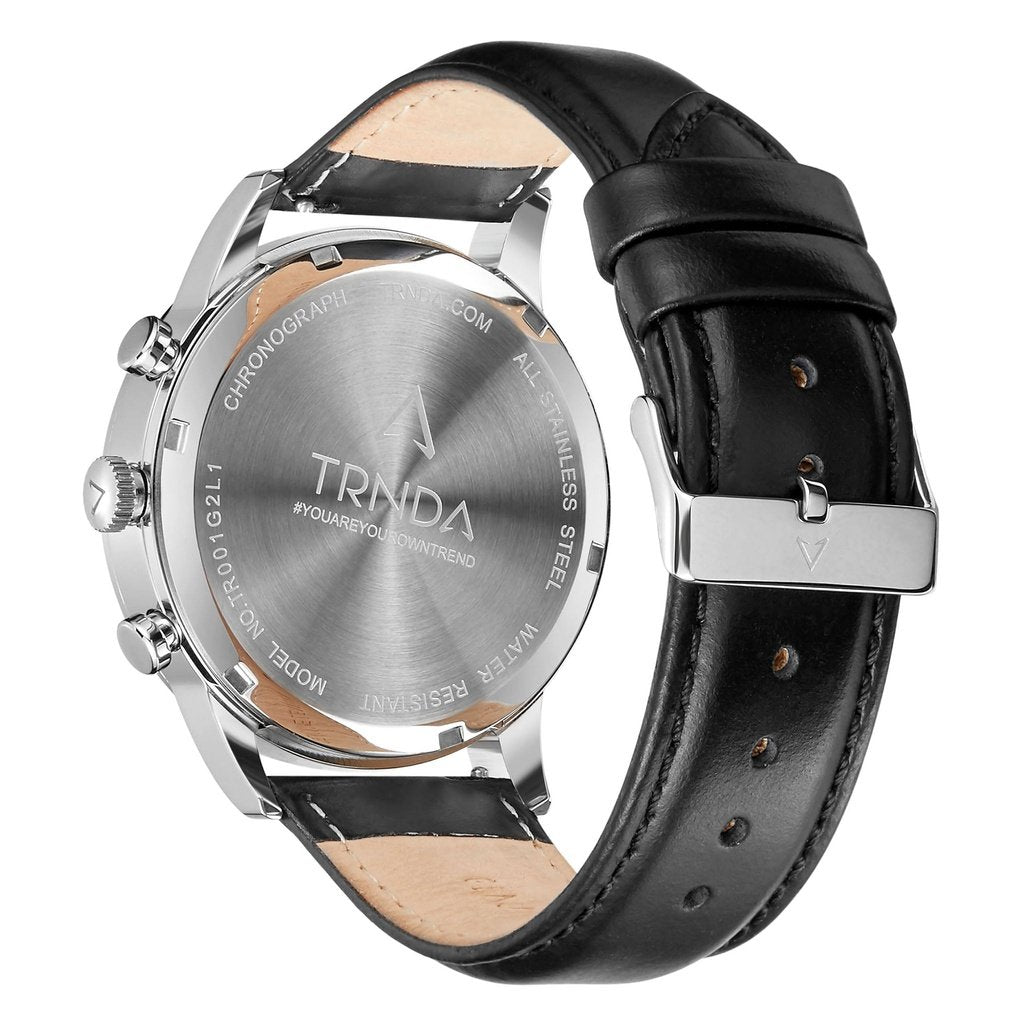 Trnda Men's Stainless Steel Watch, Black Leather Band | Trnda-001-3