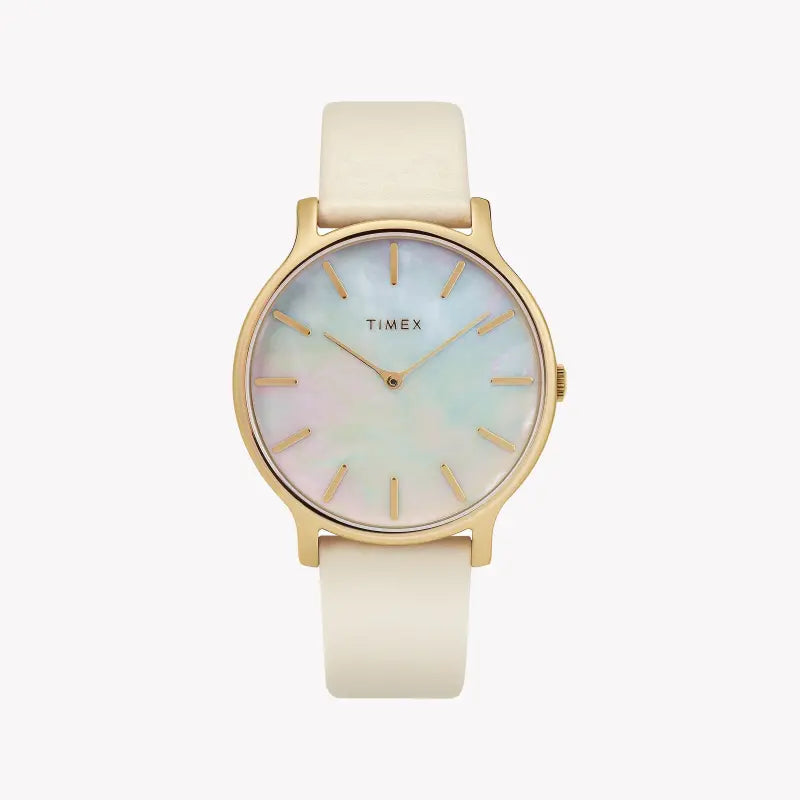 Timex Women's Off-White Leather Watch, Mother Of Pearl Dial | Tw2t35400-0