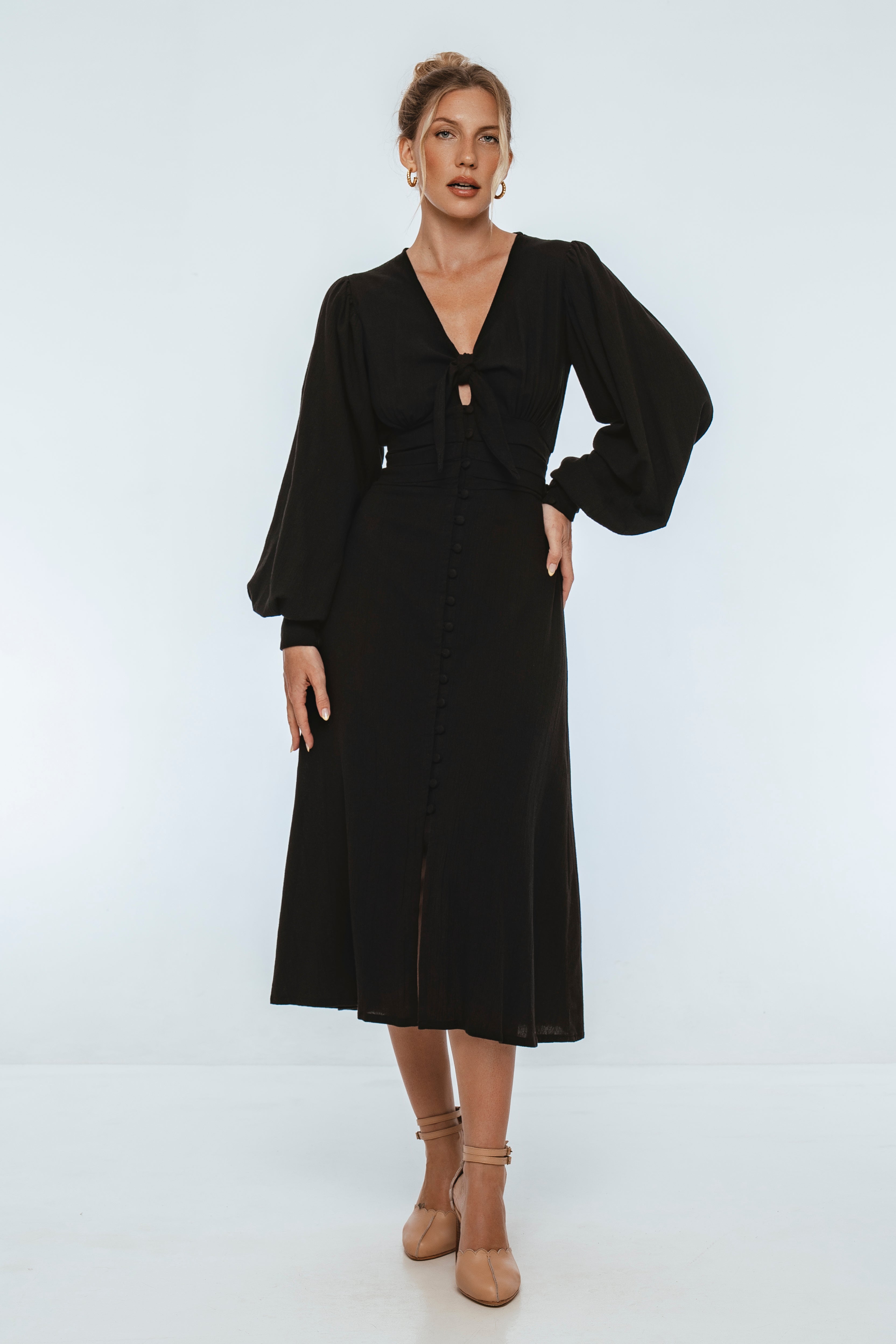 Velvet Sky Long Sleeve Linen Midi Dress-6