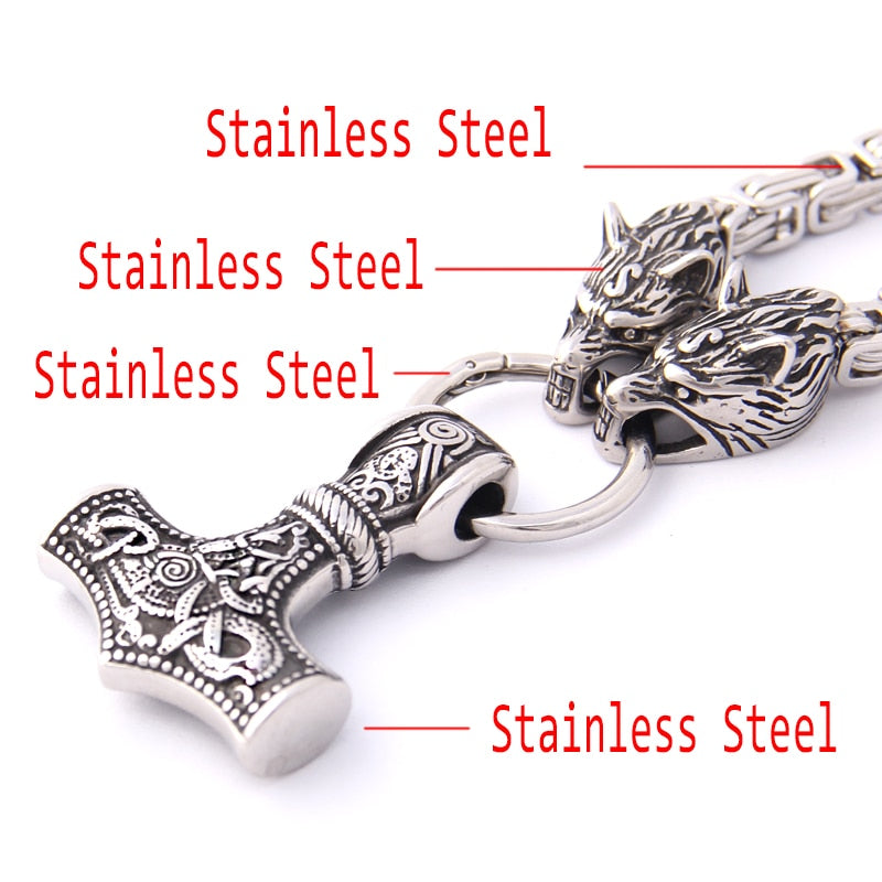 New Arrival Stainless steel making Never fade Viking wolf necklace with thor hammer pendant as christmas gift-4